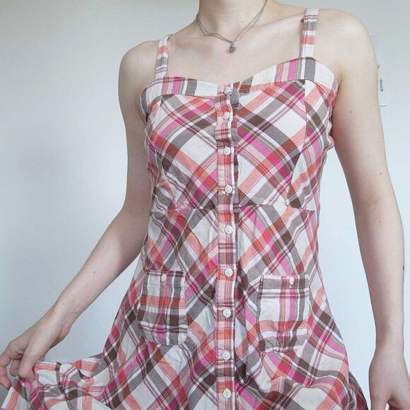 Vintage cute Y2K pink and brown plaid sweetheart midi dress with ruffles - Picture 5 of 14